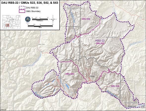 DRAFT Snow Mesa and Wishbone Risk Assessment Figure 2. Location of Central San Juan Rocky Mountain Bighorn Sheep Herd (RBS-22) and Game Management Units. Source: Colorado Parks and Wildlife GIS Team.