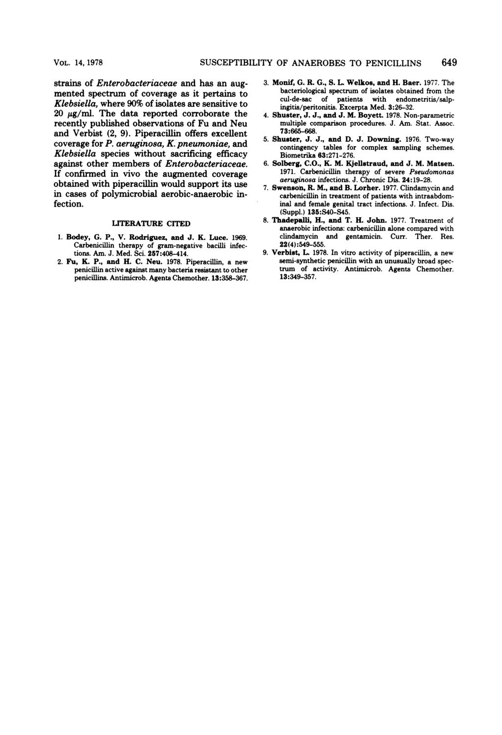 VOL. 14, 1978 SUSCEPTIBILITY OF ANAEROBES TO PENICILLINS 649 strains of Enterobacteriaceae and has an augmented spectrum of coverage as it pertains to Klebsiella, where 90% of isolates are sensitive