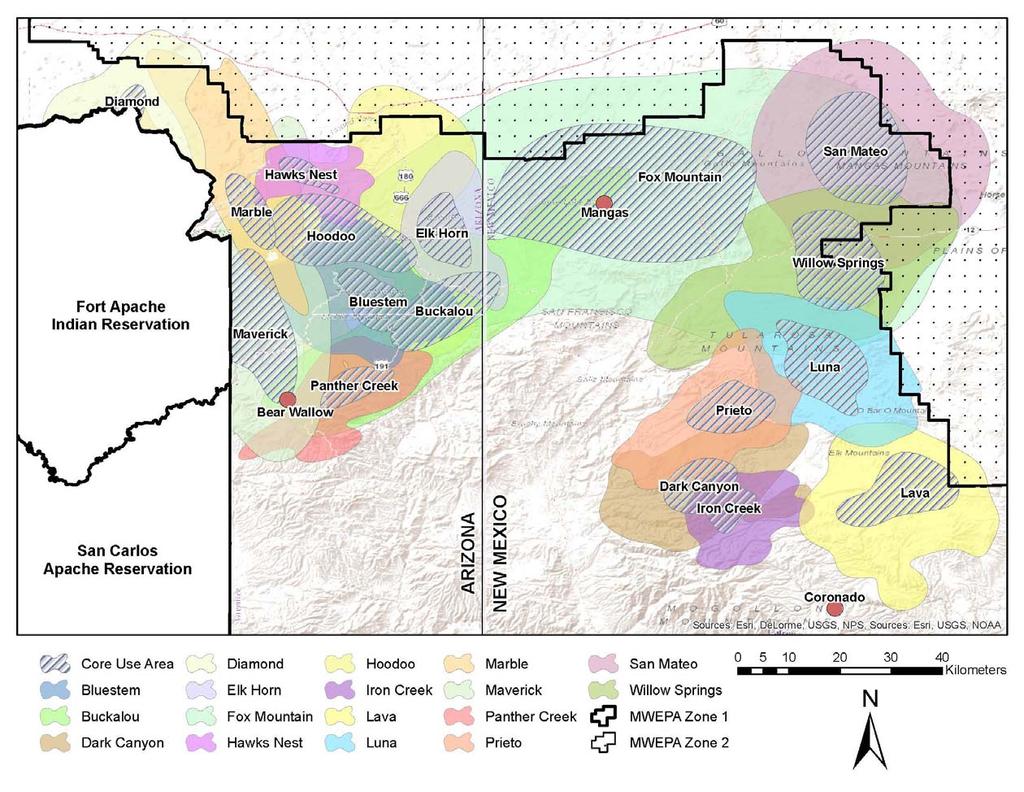 Figure 3. Mexican wolf home ranges for 2015 in Arizona and New Mexico within the Mexican Wolf Experimental Population Area (MWEPA).