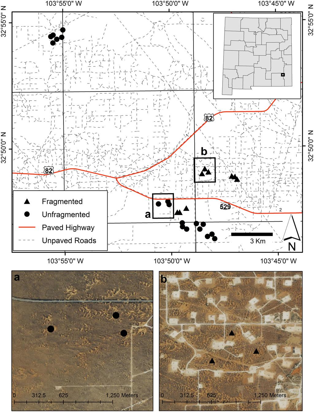 WALKUP ET AL. Fig. 1. Map of the study area identifying the location of 27 trapping grids in southeastern New Mexico. The aerial images show trapping sites.