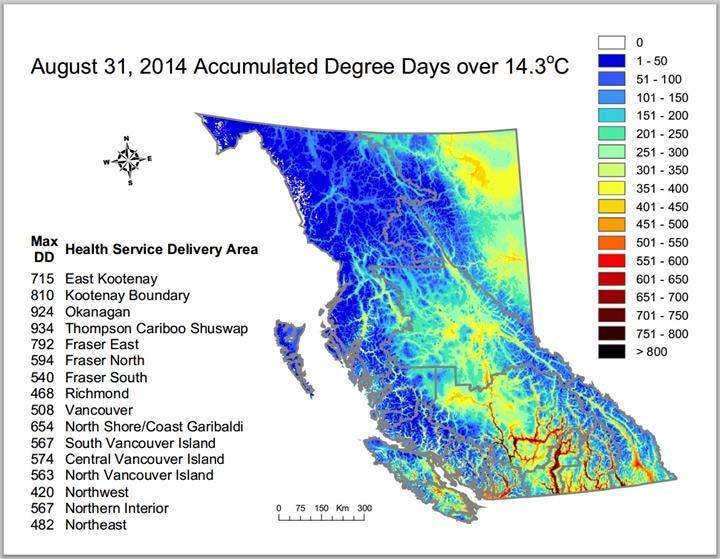 BC Center for Disease Control has produced a degree-day map of BC and has found that many areas of the Okanagan, Thompson-Nicola and Fraser valleys including the RDCO fall in an annual degree-day