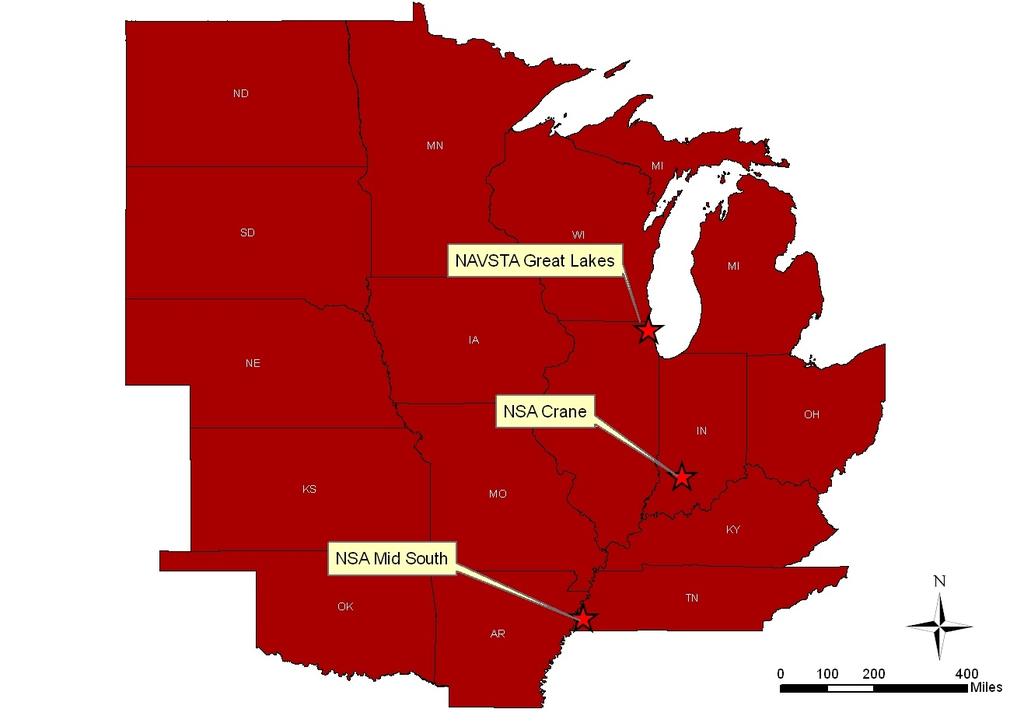 FIGURE 4-25. COMMANDER NAVY REGION MIDWEST TABLE 14. CNR MIDWEST INSTALLATIONS AND PARCELS INCLUDED IN THE HERPETOFAUNA INVENTORY ANALYSIS (2013).
