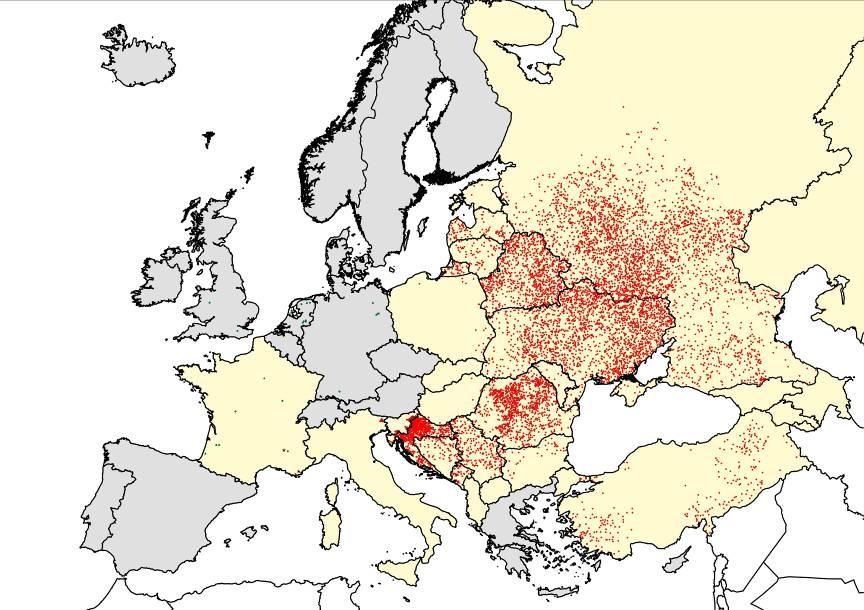 D. WHO RABIES BULLETIN EUROPE REPORTED ANIMAL AND HUMAN RABIES CASES IN EUROPE IN 2008 REPORTED RABIES CASES IN EUROPE IN 2008 Red dots: animal rabies (RABV) Green dots: bat rabies Stars: imported