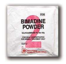 ANTIMICROBIALS ANTIMICROBIAL POWDERS - SCOUR Bimadine PDR Marketing Authorisation Number: VPA: 10126/027/001 1BIM003 25g Sulfadimidine 25g 28 days 2g per 10kg body weight (equivalent to 1 sachet per