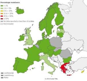 Klebsiella pneumoniae: percentage of invasive isolates resistant to carbapenems; EU/EEA, 2008 2011 2008 2011 Source: EARS-Net, 2012 The symbols and indicate a