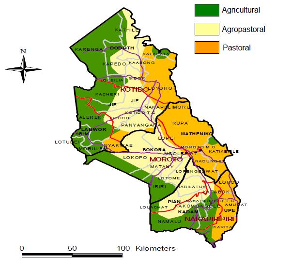 agro-pastoral and pastoral, District population estimate are: Nakapiripirit 176,142 1 ; Amudat - 104,859 1 ; Moroto (including Napak) - 322,057 2 ; Kotido - 170,738 3 ; Kaabong - 266,707 4 ; and Abim
