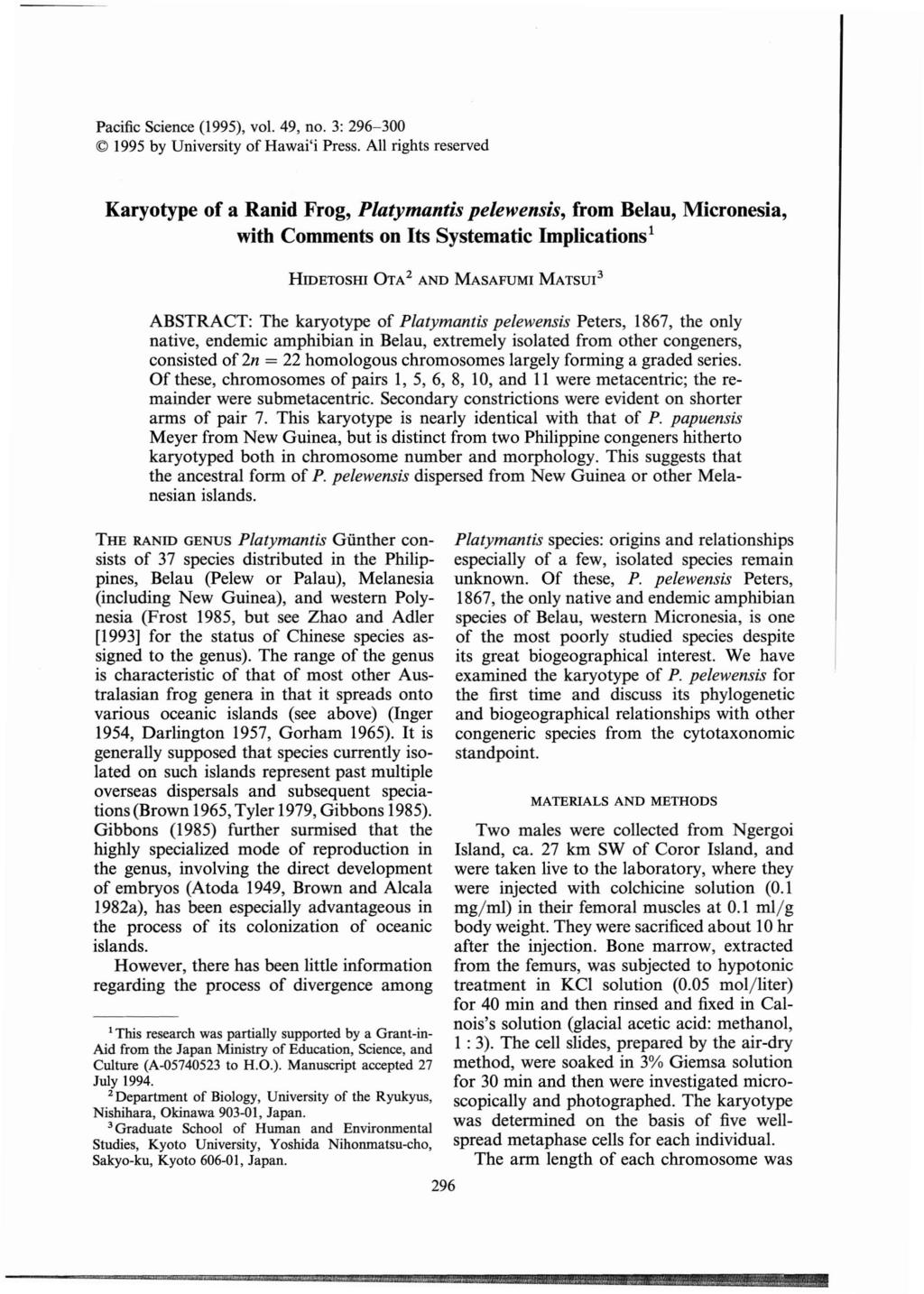 Pacific Science (1995), vol. 49, no. 3: 296-300 1995 by University of Hawai'i Press.