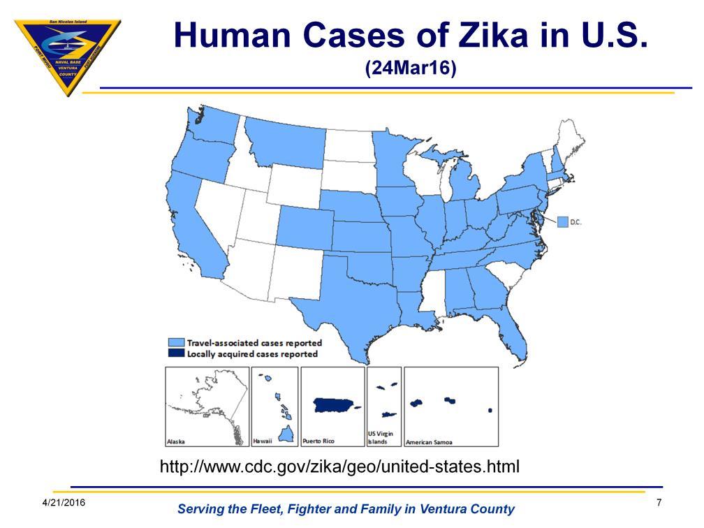 Most of the Zika cases in the U.S. are associated with travelers who contracted the Zika virus from areas with Zika virus in the human population.