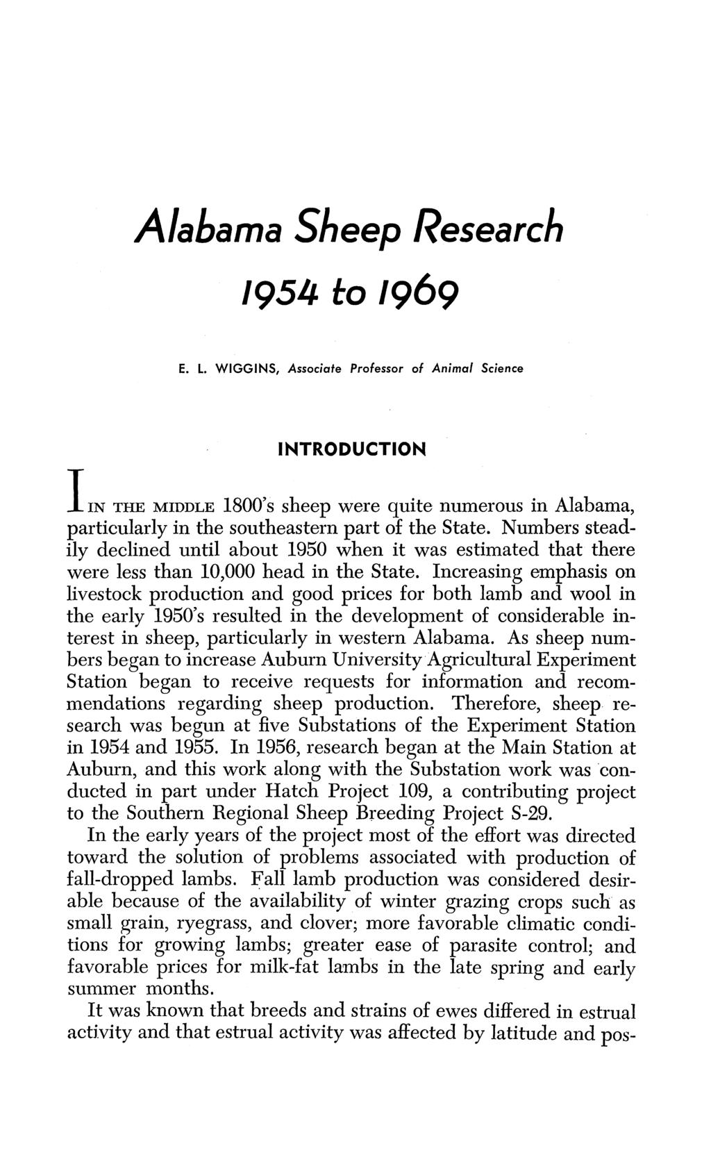 Alabama Sheep Research 1954 to 1969 E. L.