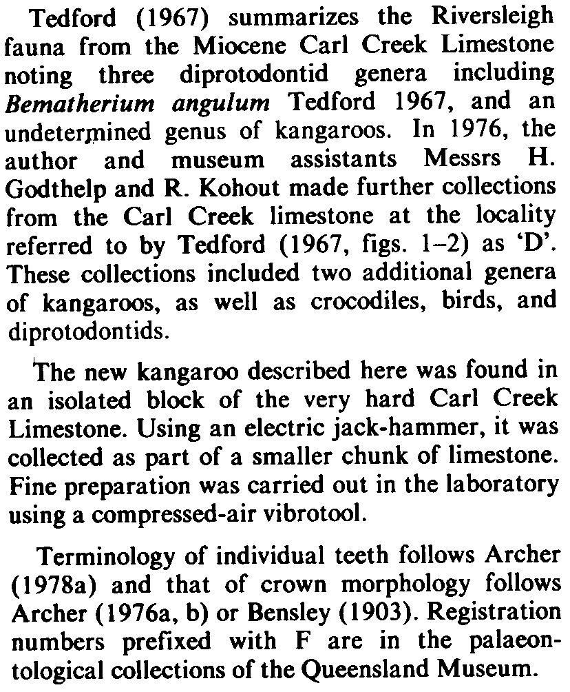 Tedford (1967) summarizes the Riversleigh fauna from the Miocene Carl Creek Limestone noting three diprotodontid genera including Bematherium angulum Tedford 1967, and an undeterj:ilined genus of