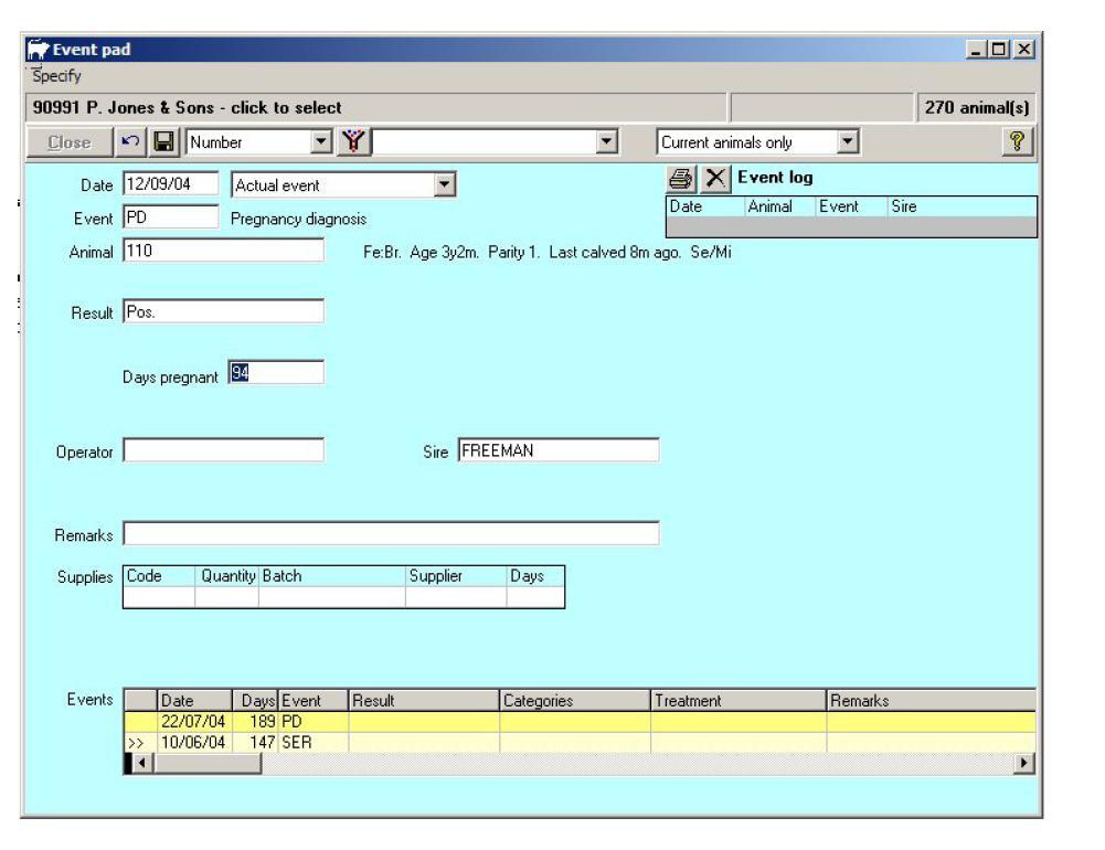The grid at the bottom of the form shows the events that are already recorded and scheduled in this animal s register (the at the left of the grid signifies an actual event) While supplies are not
