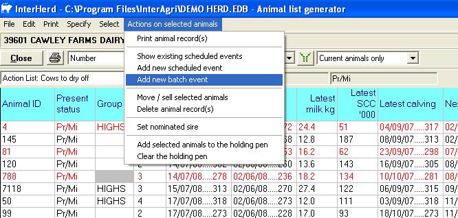 1.3.7 Drying off a batch of cows: Animal List generator Scheduled Animals to dry off. To highlight the animals you want, hold the control key (ctrl) down and click the cows you want.