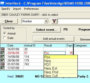 Right click again on the red cows and choose Make all selected events done. This will change all the cows selected to PD done, with a Pos result.