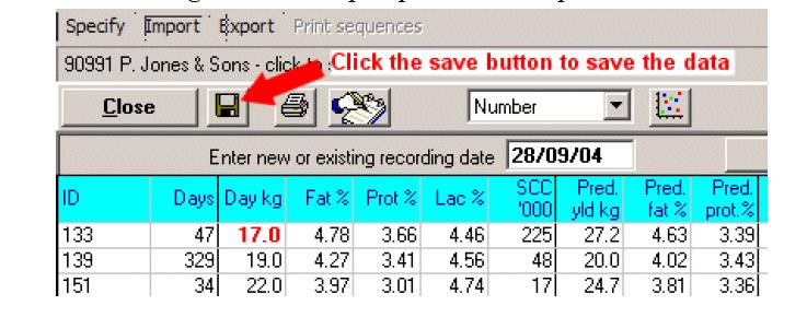 individual animal results: Once the individual cow data are displayed, click the Save button