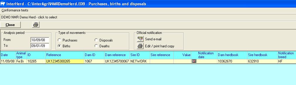 The default time window is for a couple of months back and this can be adjusted. In the example below a calf has been born and entered into the program.