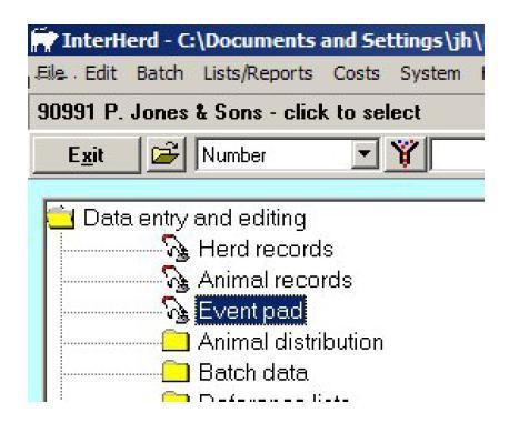 1.3 Entry of event data in to InterHerd The events written down by the herdsman need to be entered in to InterHerd. There are two principal ways to enter event data.