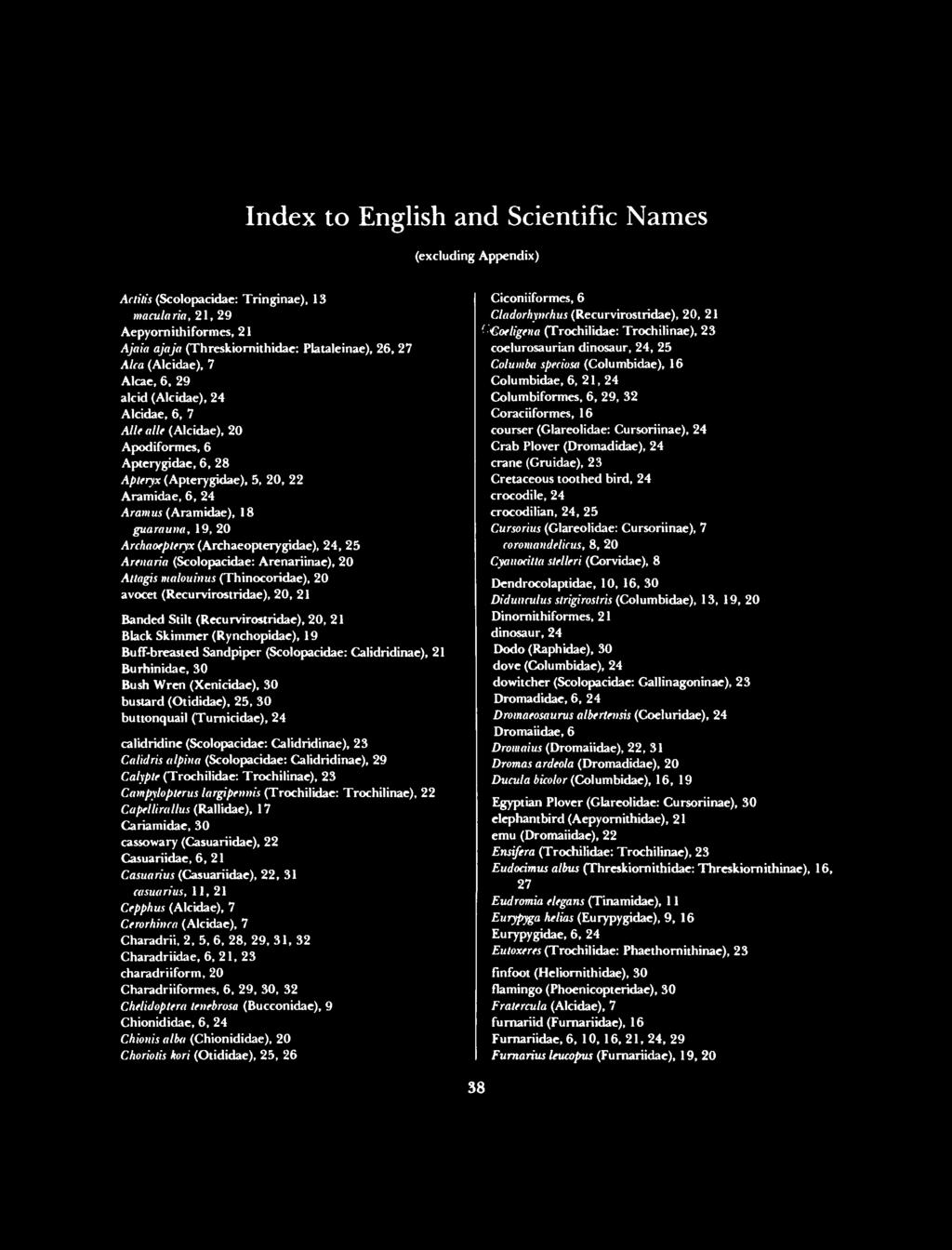 Index to English and Scientific Names (excluding Appendix) Actitis (Scolopacidae: Tringinae), 13 macula ria, 21, 29 Aepyornithiformes, 21 Aja'm ajaja (Threskiornithidae: Plataleinae), 26, 27 Alca