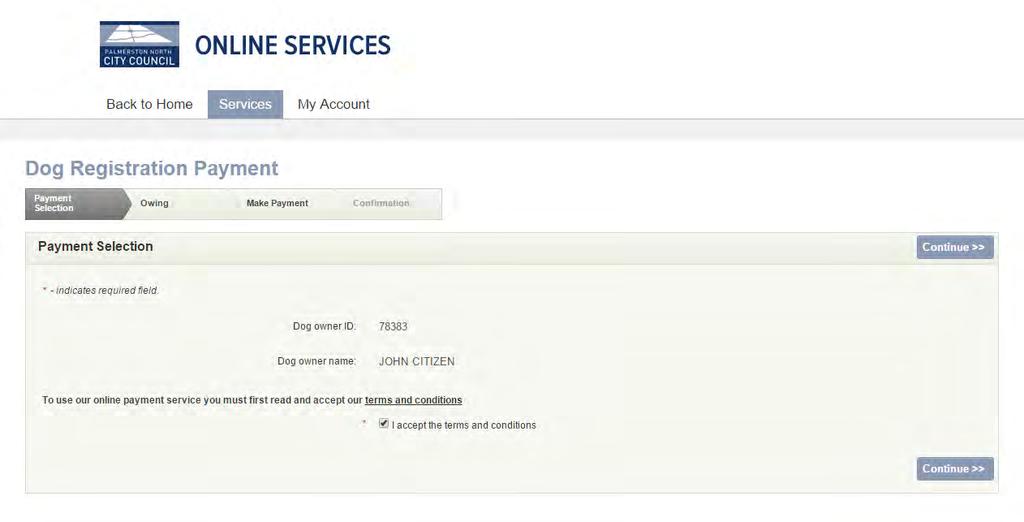 2. Details of any payment owing for all dogs currently registered to the owner logged on are displayed.