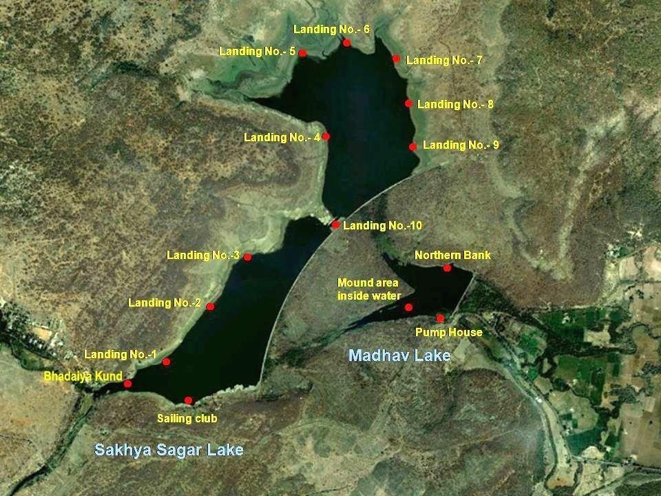 Fig. 1 : Map of Sakhya Sagar Lake and Madhav Lake showing different location sites RESULTS AND DISCUSSION A good population of mugger was found in the Sakhya Sagar Lake.