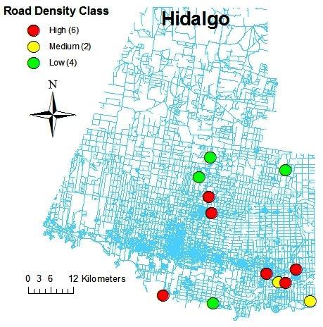 Figure 5. Map of Hidalgo County displaying road layer and 12 trapping locations.