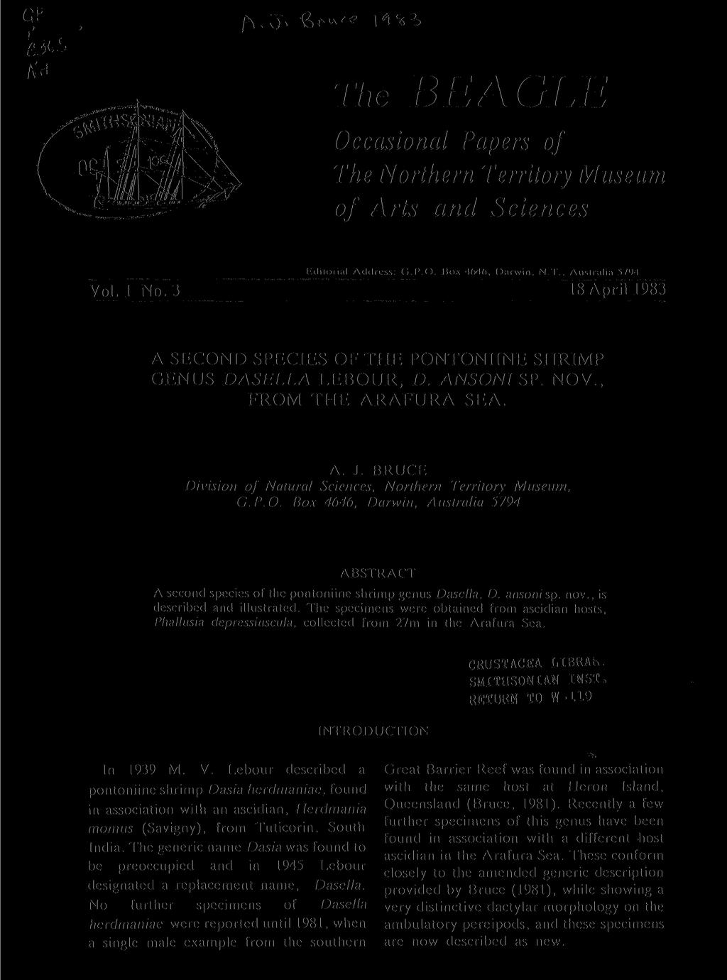 /V 0> The BEAGLE Occasional Papers of The Northern Territory Museum of Arts and Sciences Vol. 1 No. 3 Hditorial Address: Ci.P.O. Box 4(>4(i, Darwin, NT.