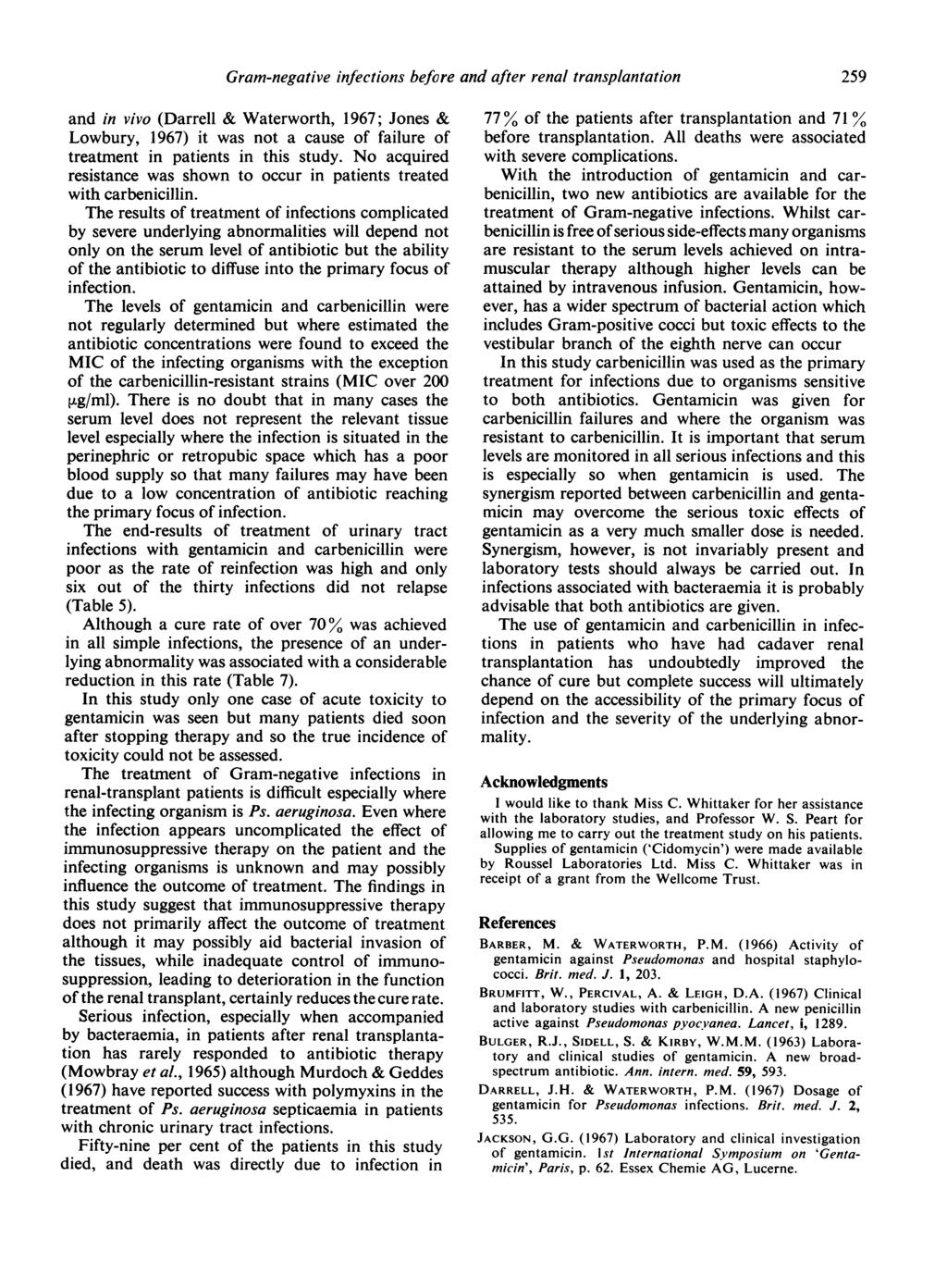 Gram-negative infections before and after renal transplantation 259 and in vivo (Darrell & Waterworth, 1967; Jones & Lowbury, 1967) it was not a cause of failure of treatment in patients in this