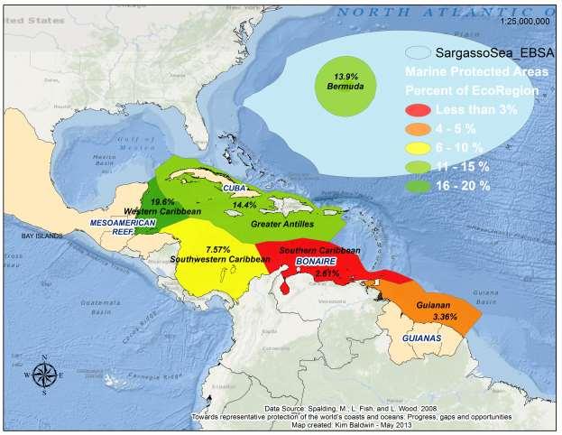 Figure 28: MPA Coverage in the Caribbean Region Beyond the declaration of MPAs and simple metrics of coverage, as Spalding (2013) points out, MPA management must be effective, with representative