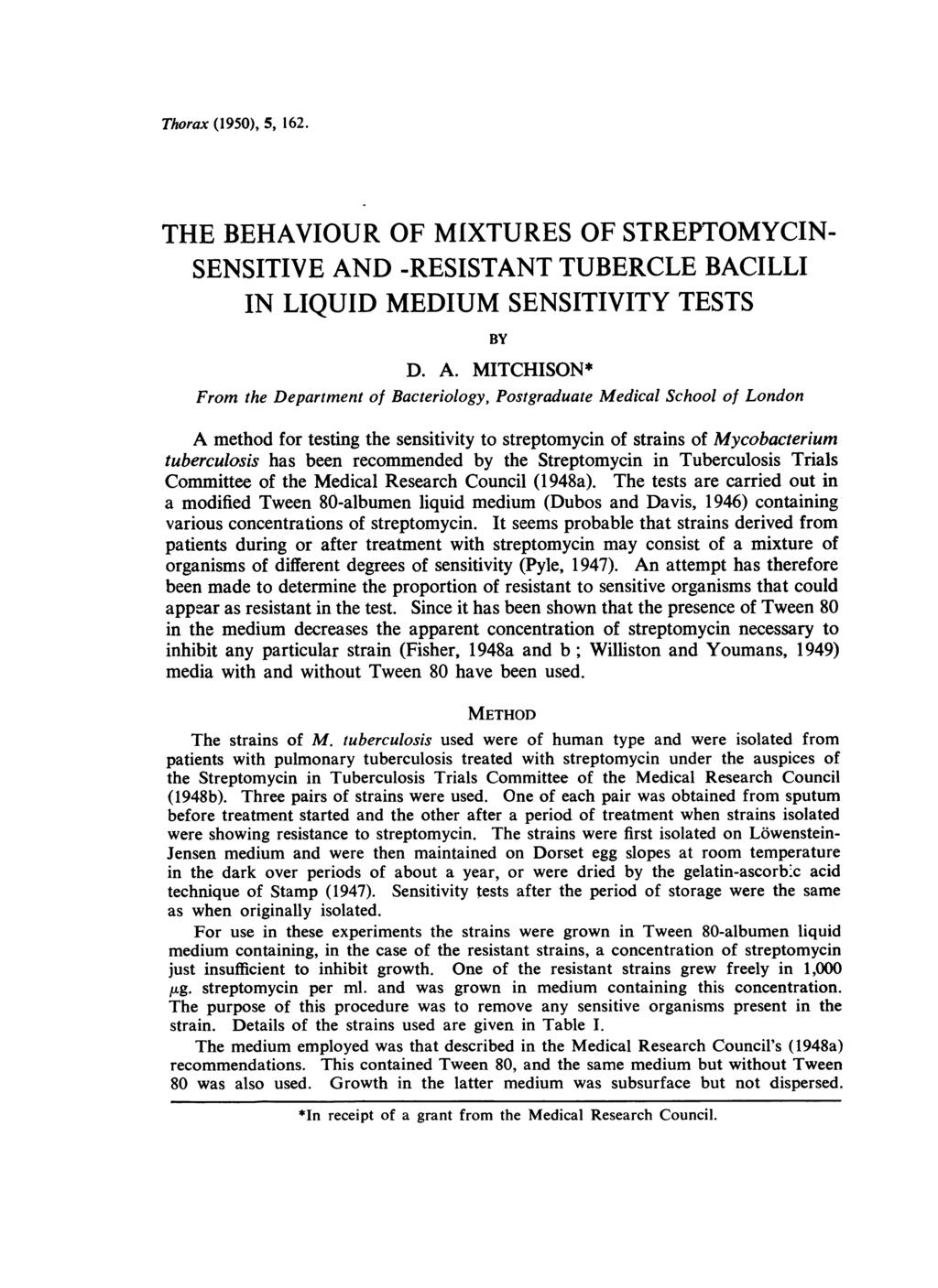 Thorax (195), 5, 162. THE BEHAVIOUR OF MIXTURES OF STREPTOMYCIN- SENSITIVE AN