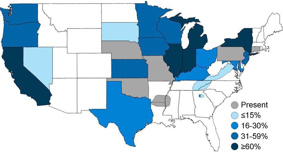 Baylisascaris procyonis Present in most states that have raccoons Prevalence from 22% up to 94% of raccoons, except in SE including FL Adults can also develop in some dogs resulting in