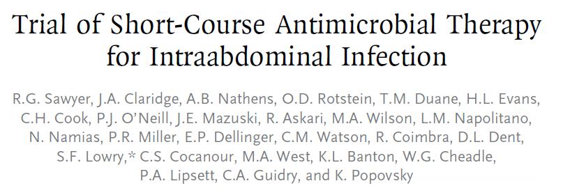 Complicated intraabdominal infection, adequate source control, randomized to antibiotics for 2 days after