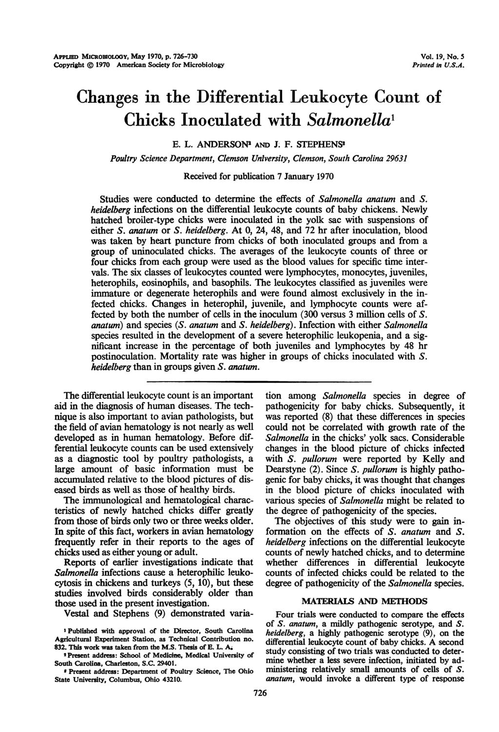 APPuED MCROmOLOGY, May 1970, p. 726-730 Copyright 1970 American Society for Microbiology Vol. 19, No. Printed in U.S.A. Changes in the Differential Leukocyte Count of Chicks noculated with Salmonellal E.