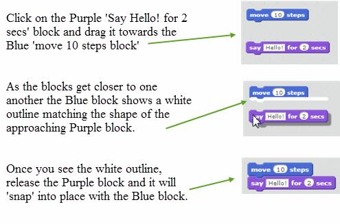 Page 5 When you click on the pair of blocks the script runs and the cat moves 10 steps and then says Hello!
