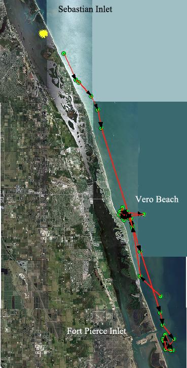 the turtle moved approximately 41 km from the nearshore waters south of Sebastian Inlet to an area just south of Fort Pierce inlet where it spent the next seven days (Figure 10).