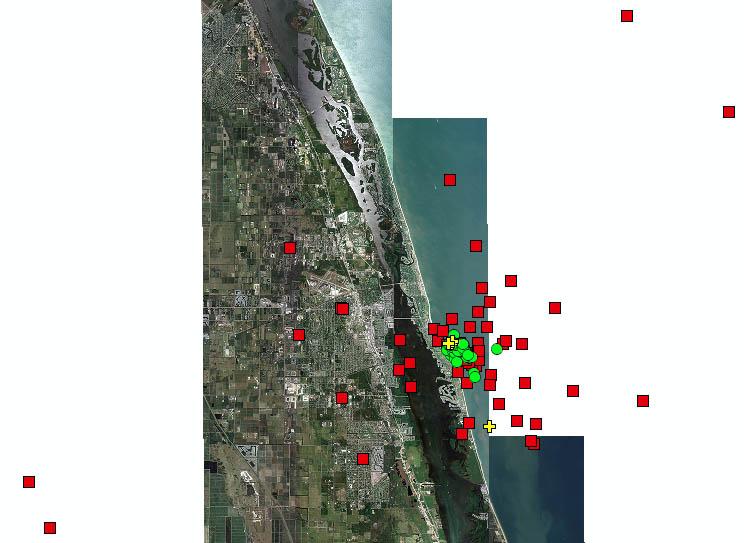Figure 13. Argos A & B locations (red squares), Argos 1 & 2 locations (yellow crosses), and all FastLoc GPS position green dots) obtained for Fairly 27 January through 10 March, 2009.