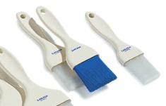 smooth finish plastic handles are easy to clean Bristles are epoxy-set to ferrules to prevent bacteria harboring air pockets Tapered synthetic bristles with
