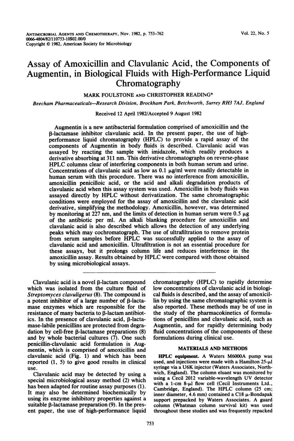 ANTIMICROBIAL AGENTS AND CHEMOTHERAPY, Nov. 1982, p. 753-762 0066-4804/82/110753-10$02.00/0 Copyright 1982, American Society for Microbiology Vol. 22, No.