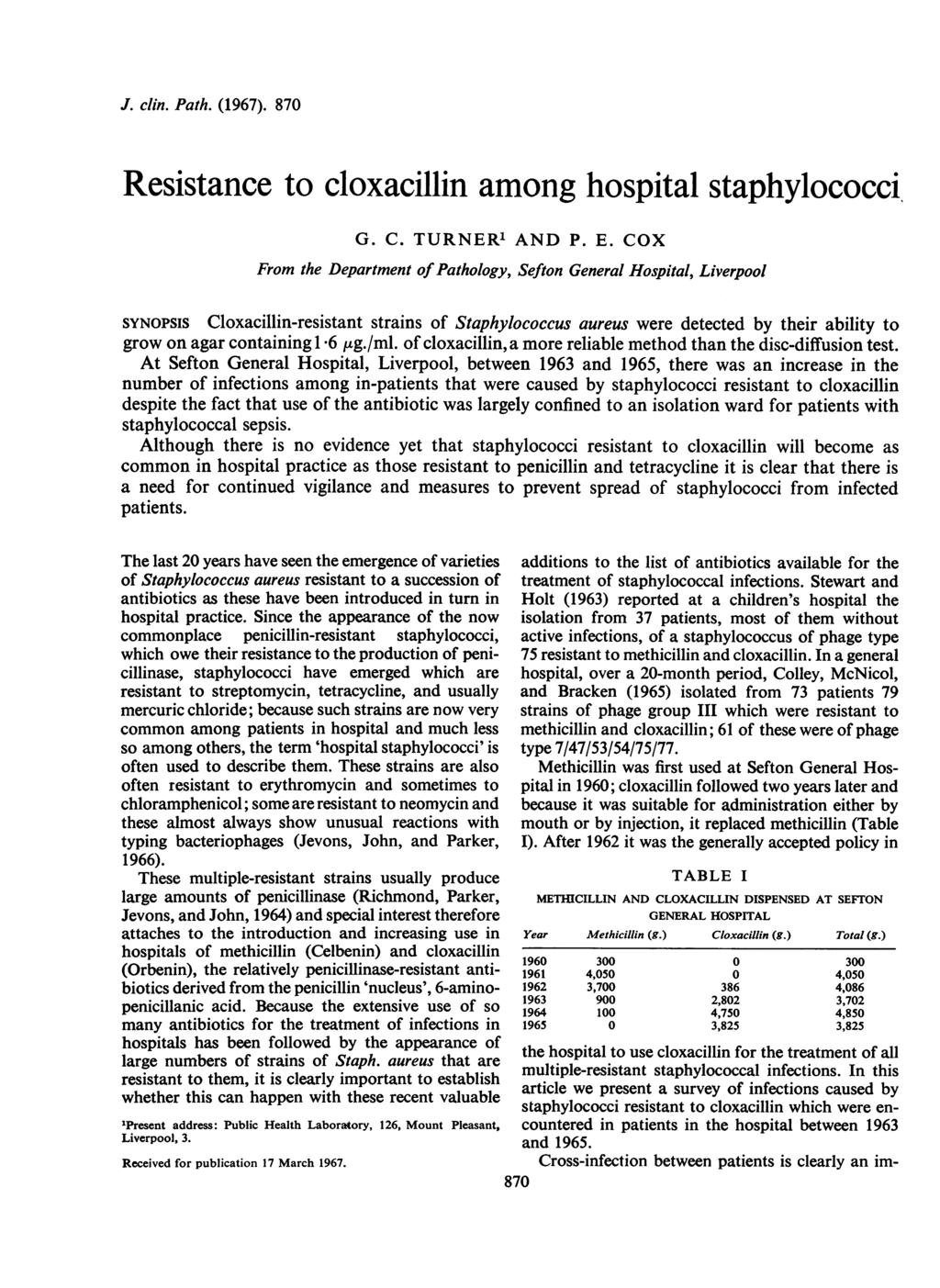 J. clin. Path. (1967). 87 Resistance to cloxacillin among hospital staphylococci. G. C. TURNER' AND P. E.