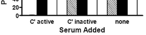 RB50 wbm (dashed bar), RB50 (black bar) or RB50 rseab (white bar) was exposed to PBS (none) or PBS containing complement active or complement inactive serum for 1h.