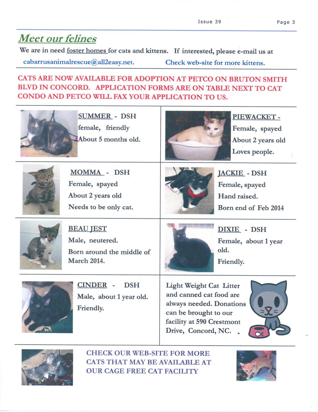 Meet our felines Issue 39 Page 3 We are in need foster homes for cats and kittens. If interested, please e-mail us at cabarrusanimalrescue@all2easy.net. Check web-site for more kittens.