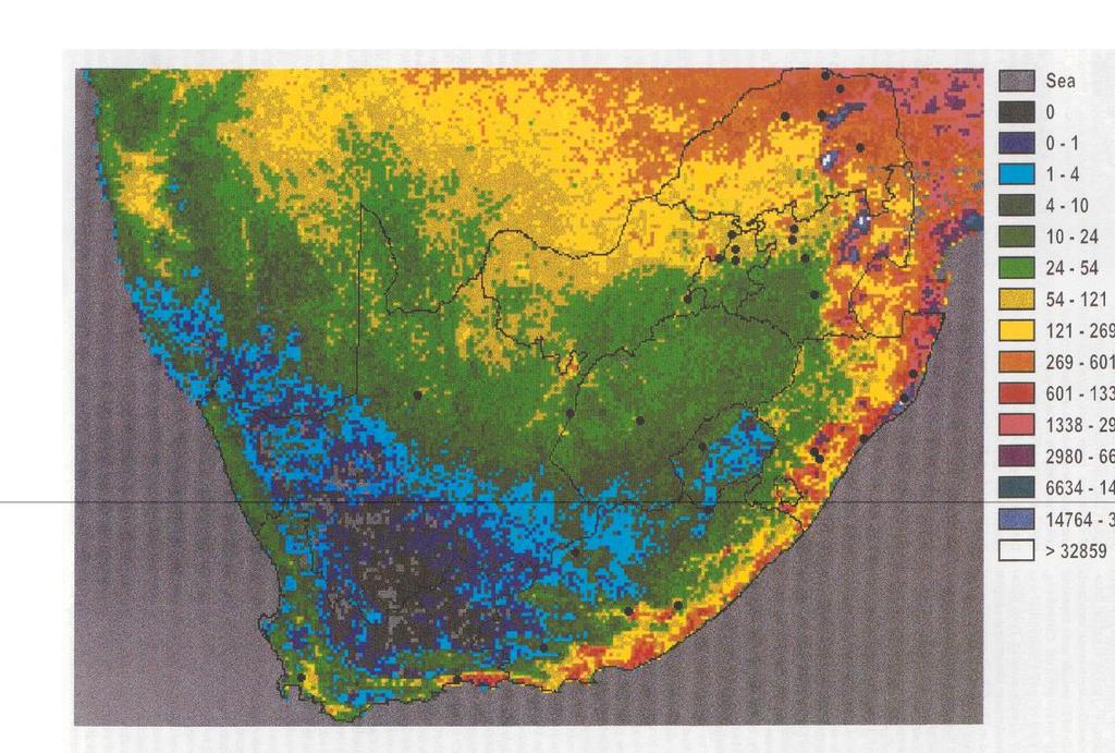Predicted abundance of C. imicola in southern Africa based on the 2-variable model combining minimum LST and minimum NDVI.