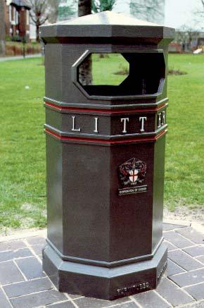 The bins are decoratively styled with cast-in feature rings and lettering that are generally highlighted in a contrasting colour to the body, with gold and black being the most common colourway.
