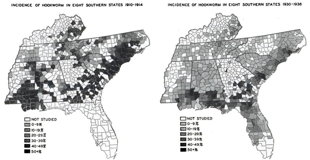 Figure 1 - Hookworm prevalences by county in Alabama.