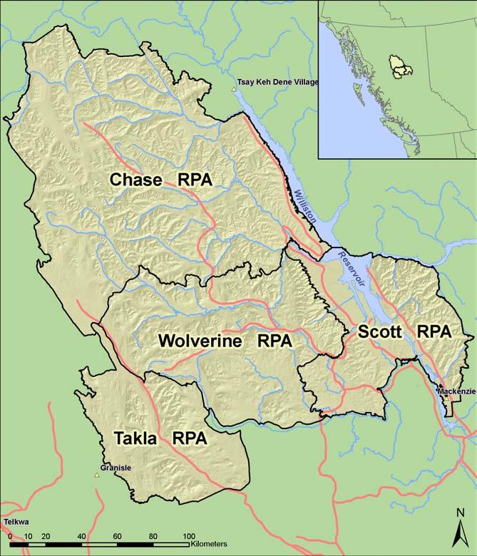 Figure 1. Location of recovery plan areas (RPA) for herds (Wolverine, Chase, Takla, and Scott) of threatened woodland caribou in north central British Columbia.