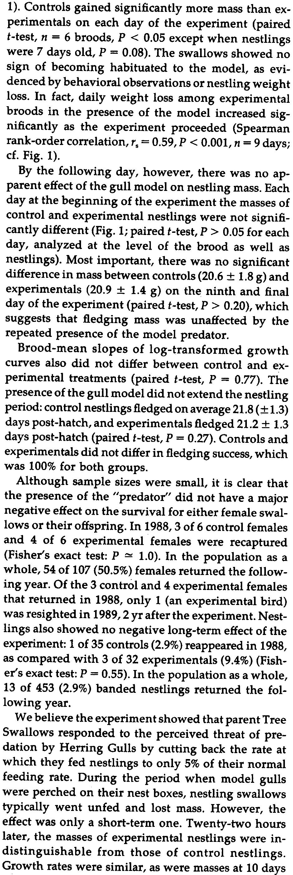 In fact, daily weight loss among experimental broods in the presence of the model increased significantly as the experiment proceeded (Spearman rank-order correlation, r s = 0.59, P < 0.
