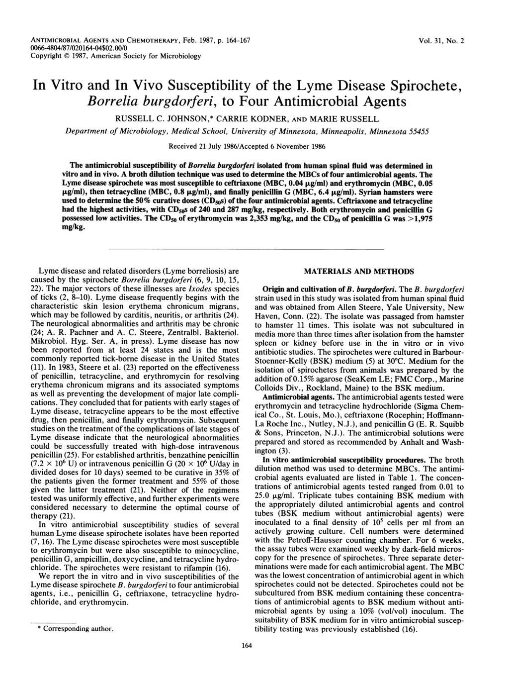 ANTIMICROBIAL AGENTS AND CHEMOTHERAPY, Feb. 1987, p. 164-167 0066-48041871020164-04$02.00/0 Copyright 1987, American Society for Microbiology Vol. 31, No.