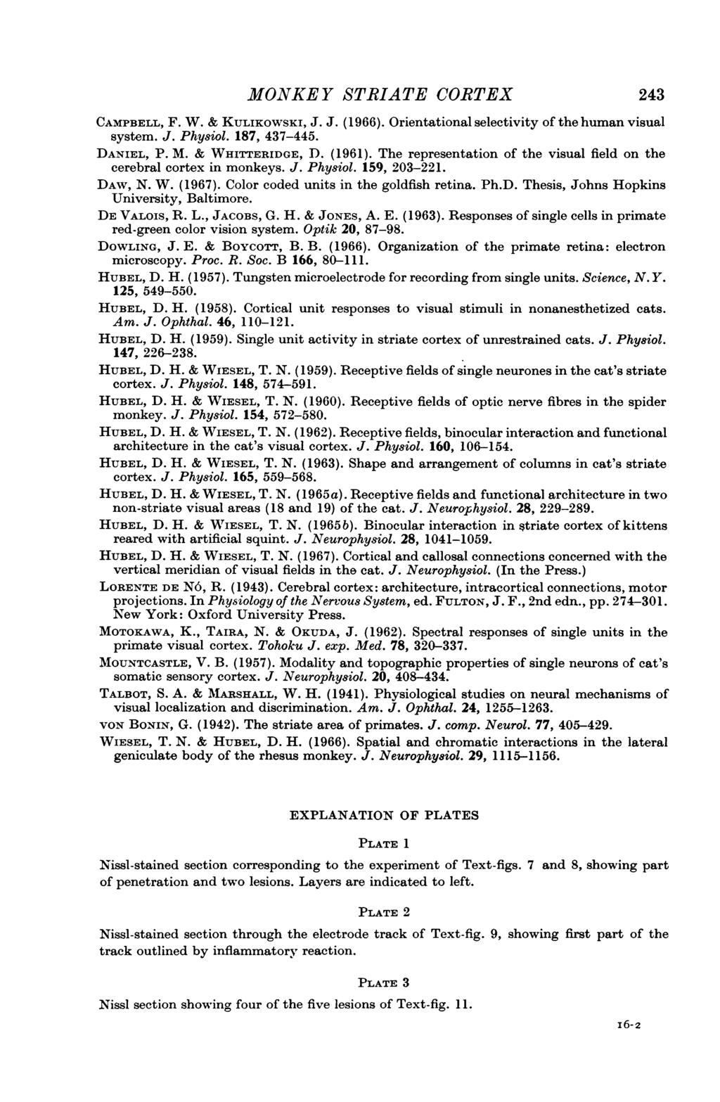 MONKEY STRIATE CORTEX 243 CAMPBELL, F. W. & KULIKOWSKI, J. J. (1966). Orientational selectivity of the human visual system. J. Physiol. 187, 437-445. DANIEL, P. M. & WHITTERIDGE, D. (1961).