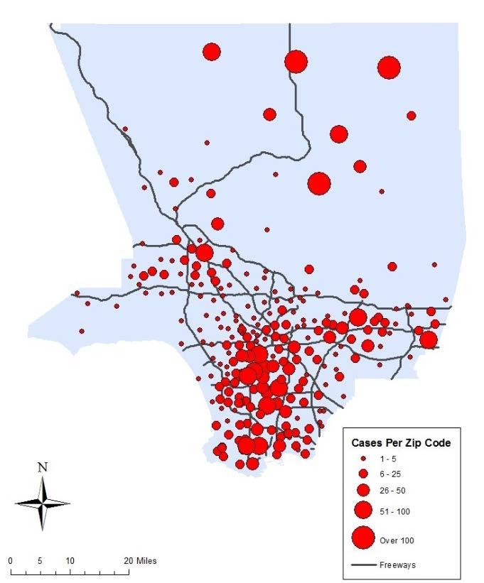 Geographic Pattern Although cases of parvovirus occurred all over the county, cases clustered between 2012-2016 in the central part of the Los Angeles Basin, the northeastern part of the San Fernando
