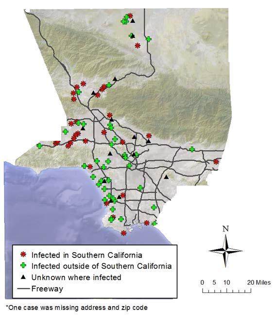 Geographic pattern During 2007-2016, most southern California-acquired cases were reported from the San Fernando Valley.
