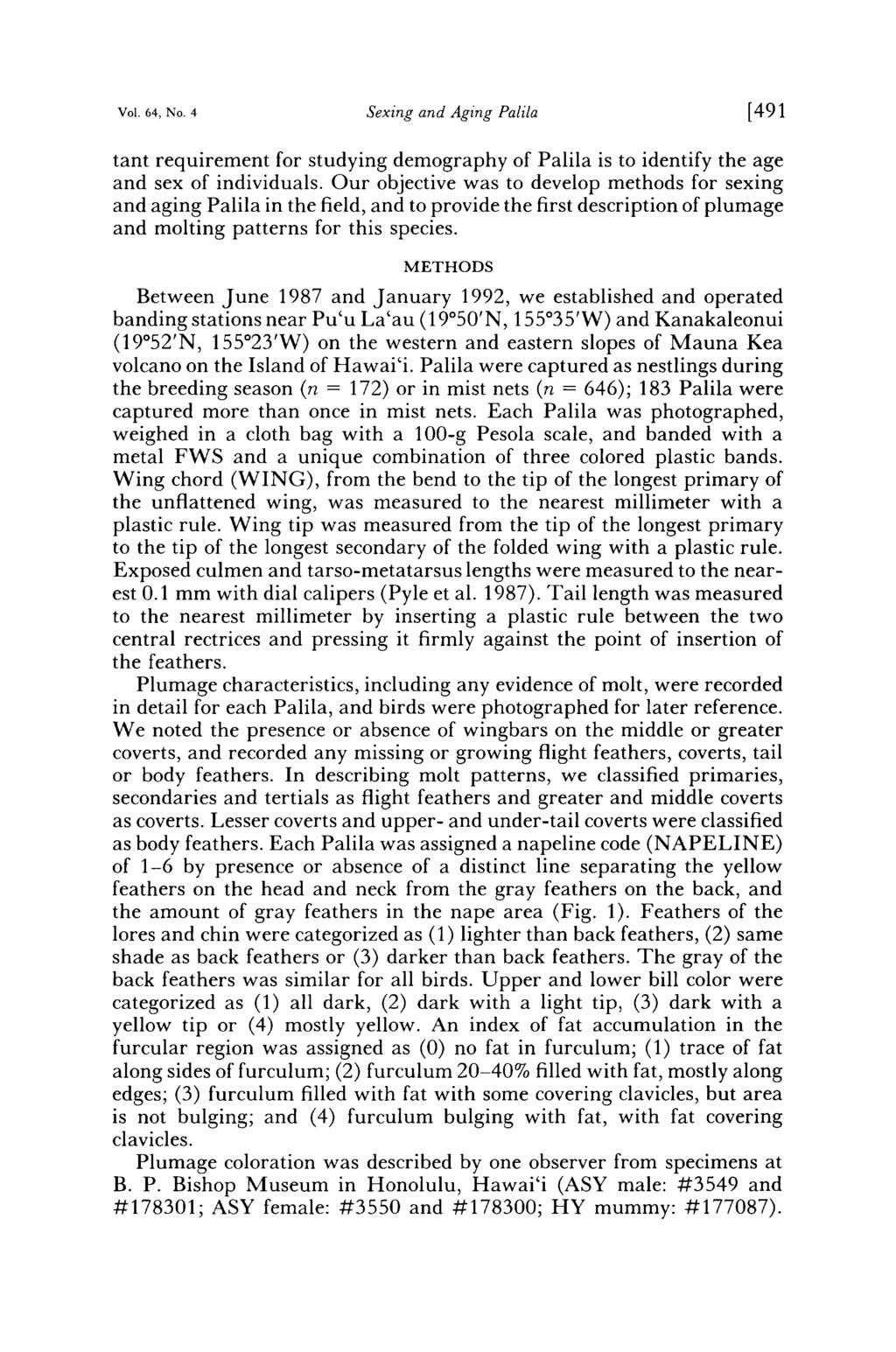 Vol. 64, No. 4 Sexing and Aging Palila [491 tant requirement for studying demography of Palila is to identify the age and sex of individuals.