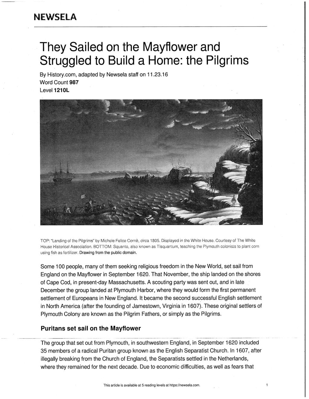 They Sailed on the Mayflower and Struggled to Build a Home: the Pilgrims By History.com, adapted by Newsela staff on 11.23.
